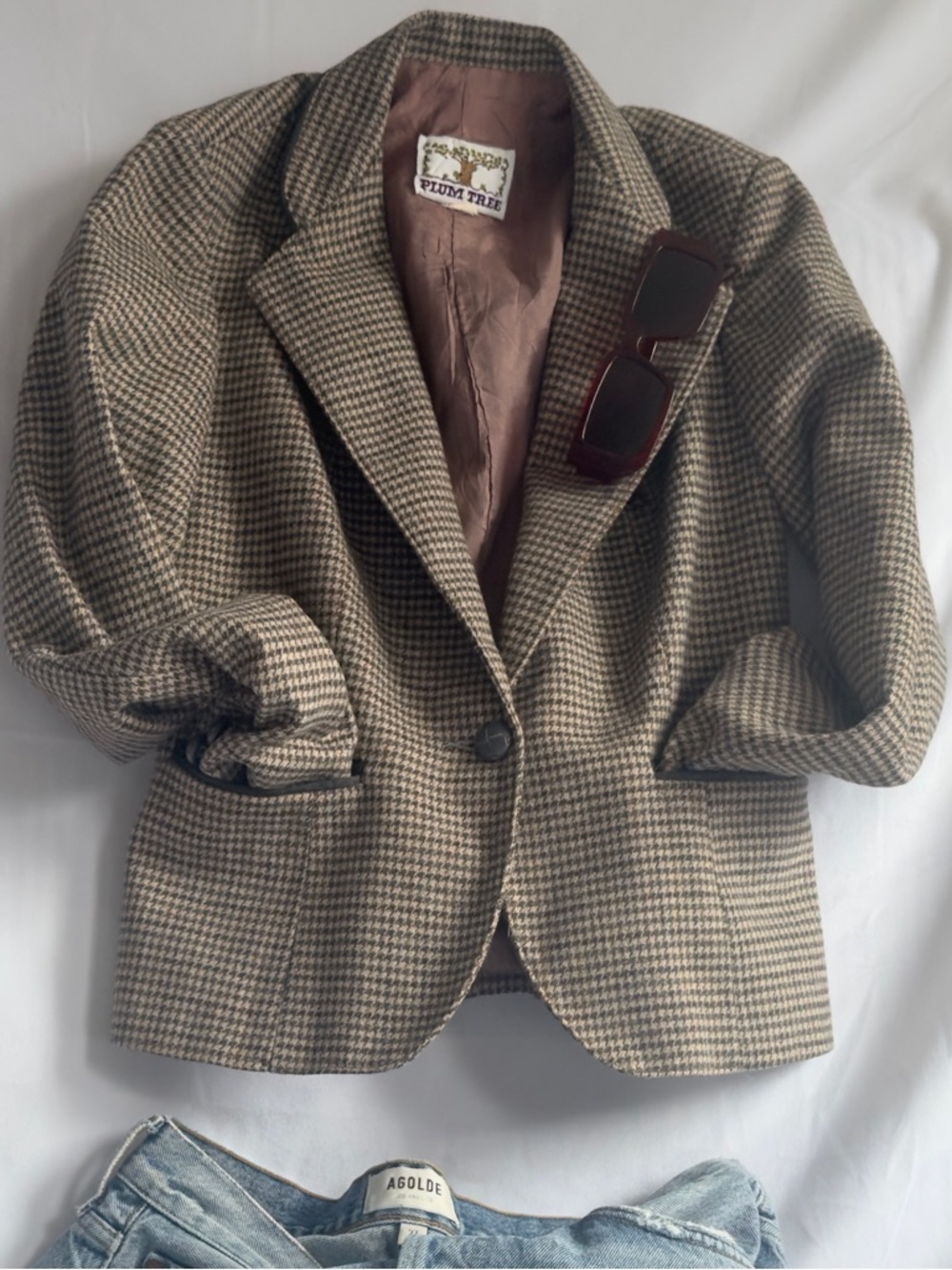 Vintage Houndstooth Blazer Jacket in Brown and Cream